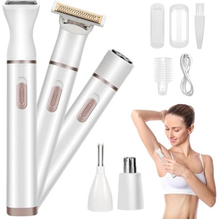 5 i 1 Elektrisk Kvinne Bikini Trimmer, Vanntett Våt og Tørr Bruk Utskiftbare Keramiske Bladhoder USB Oppladbar Kropp Sikkerhetsklipper, Hvit