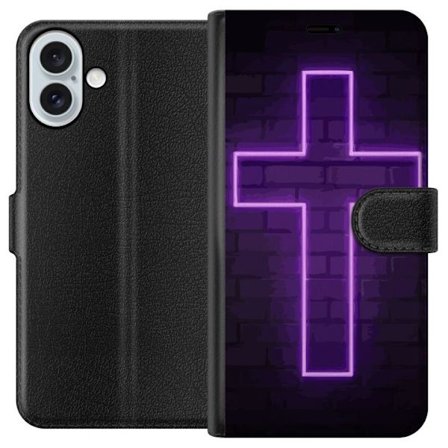Yhteensopiva Lompakkokotelo Apple Apple iPhone 16 Plus Neonristi purppuranvalossa tummaa tiiliseinää vasten, symbolinen motiivi vahvalla hohto moder