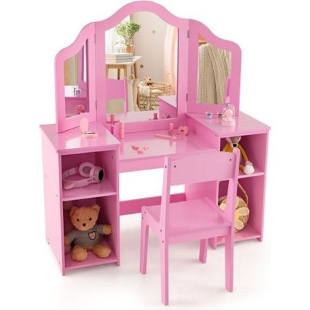 COSTWAY Sminkebord og skammel til børn - Aftageligt 3-foldet spejl - Makeupbord - Anti-Tip-enhed - Pink
