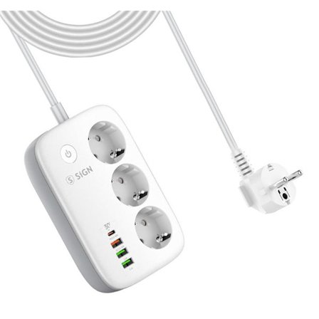 SiGN Smart WiFi Outlet 3xEU + 3xUSB, 1xUSB-C, 1.5m 30W – White