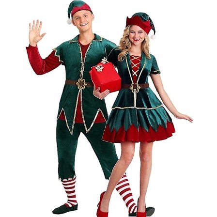Kvinnor Män Jultomtekostym Xmas Green Elf Cosplay Kostymer Kostym för vuxna