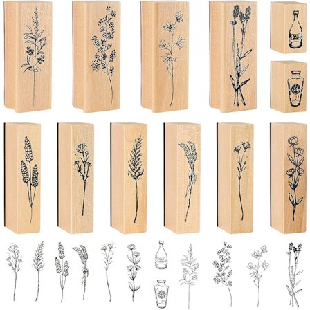 12 stk. Vintage træ gummistempler, botaniske og blomstermønstrede dekorative træ gummistempler, til DIY-håndværk
