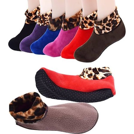 Indendørs skridsikre termiske sokker til kvinder, vintergulvsokker, 6 par voksne leopard termiske sokker