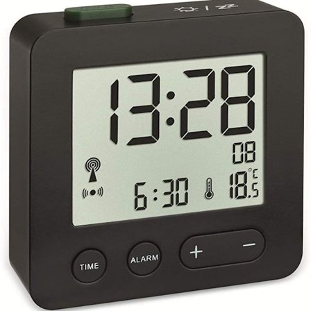 Digitaalinen radio-ohjattu herätyskello säädettävällä aikavyöhykkeellä, hälytys lämpötilanäytöllä, musta