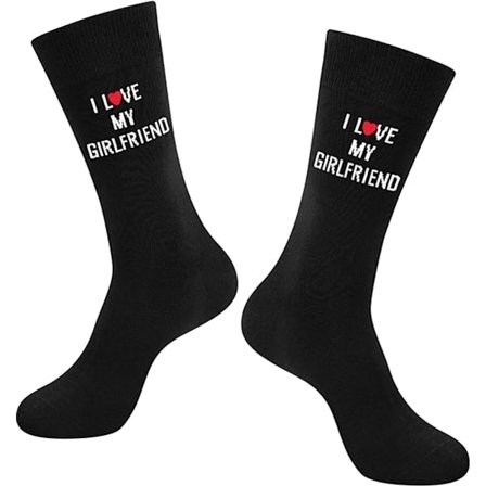 ING Hauskat sukat, joissa teksti "I Love My Girlfriend", lahja poikaystävälle, sulhaselle tai aviomiehelle syntymäpäivänä, ystävänpäivänä tai jouluna