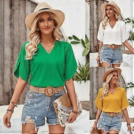 Kortermet V-hals Toppskjorte for Kvinner Basic Oversize Casual Løs Tunika Party Bluse Topper Kvinner Sommer Skjorte Sommer Bluse (S Grønn)