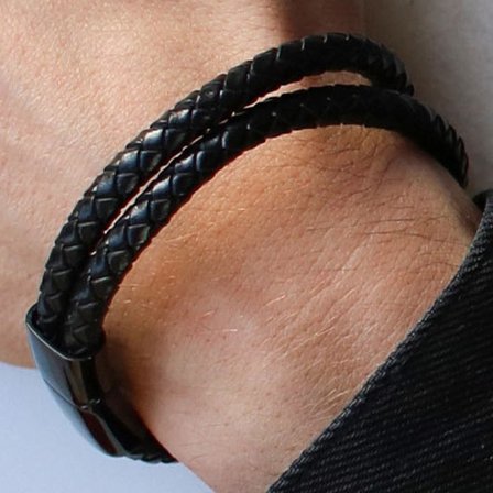 Black Stacked Braided Bracelet for Men - Leather bracelets