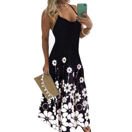 Vintage Print Klänning Sexig Spaghetti Strap V-ringad Lång Kvinna