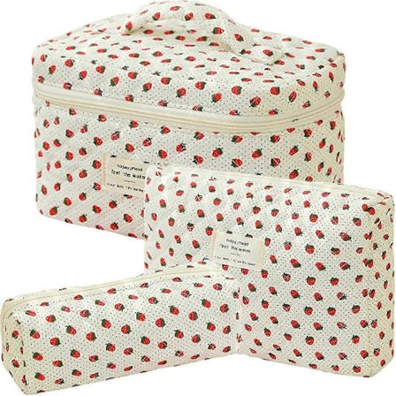 3 stk. Makeup Taske Bomuld Vatteret Rejse Kosmetiktaske Sød Blomstret Makeup Pung Stor Toilet Taske til Kvinder Piger (Sløjfe-Pink)