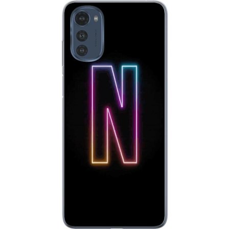 Kompatibel Mobilcover til Motorola Motorola Moto E32s Minimalistisk neonbogstav N i farveskiftende lys mod sort baggrund