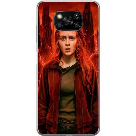 Kompatibelt Mobilskal till Xiaomi Poco X3 NFC Porträtt av en ung kvinna med rött hår i en apokalyptisk landskap, röda blixtar och mörka klippform