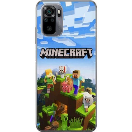 Xiaomi Redmi Note 10 Läpinäkyvä kuori Minecraft seikkailuluola Steve, Alex, eläinten ja mobien kanssa klassisessa lohkokuviossa, jossa koko maailm