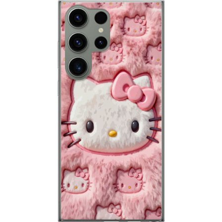 Kompatibelt Mobildeksel til Samsung Galaxy S23 Ultra Hello Kitty rosa fluffy bakgrunn med ikoniskt ansikt og kawaii-estetikk