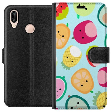 Kompatibelt Lommeboketui til Huawei P20 lite Mønster av kawaii-frukter som jordbær sitron ananas og avocado på lyseblå bakgrunn