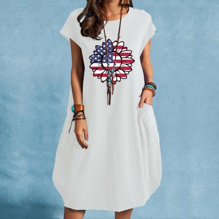 Usa Flag Printed Summer Dress Dam Casual Kortärmad Rund N
