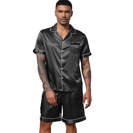 Menn Satin Pyjamas Sett 2 Deler Loungewear Knapp Ned Pjs Sett