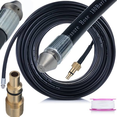 Kloakrenserslange 15m med Teflontape – 1+3 Dyse | 160 Bar | Kompatibel med Lavor Vertigo, Parkside PHD