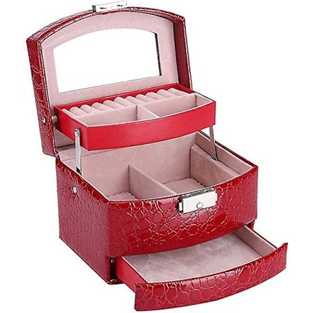 3-vånings smyckeskrin med spegel och handtag - Halsband, ringar, spolar, armband