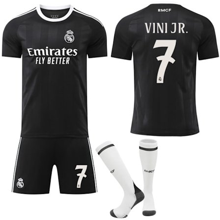 25-26 Real Madrid Barn Voksen Svart Trenings Fotball Skjorte Sett med Sokker Nr.7 VINI JR