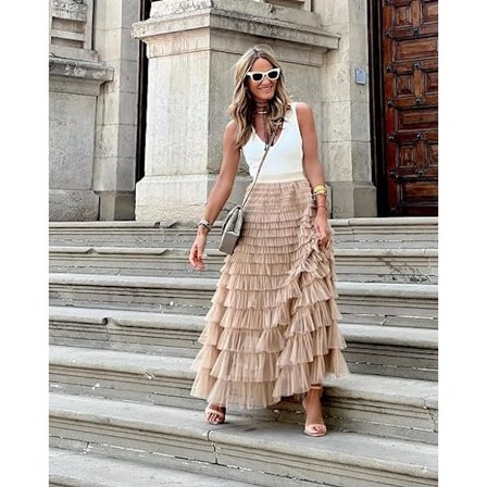 Dam Tulle Maxi-kjol A-linje Rynkad Mesh Hög Midja Underkjol Khaki