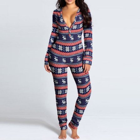 Dame Pyjamas Jumpsuit Heldragt Print Julepyjamas Langærmet Natkjole Blå