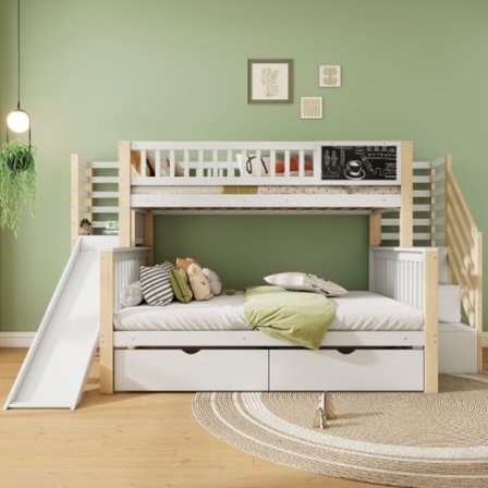 Husseng 140+90x200cm med rutsjebane og trapper - Med opbevaring & tavle, køjeseng hvid