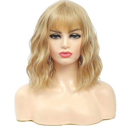 Vaalea lyhyt blondi peruukki naisille, jossa ilma otsatukka, aaltoileva blondi peruukki naisille, Acsergery-lahja