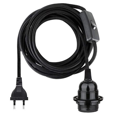Taklampe Pendel, E27 Skru Lampeholder med Bryter, Oppheng & Låsering for Skjerm, 2-leder Skjøteledning EU Plugg (3.5m, Svart)