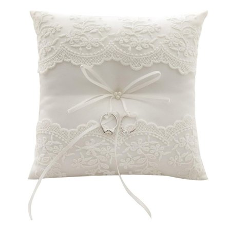 Vit pärlspets ringkudde - 19 cm bröllopsceremoni kudde - satinrosett dekoration - med armband - bröllopstillbehör