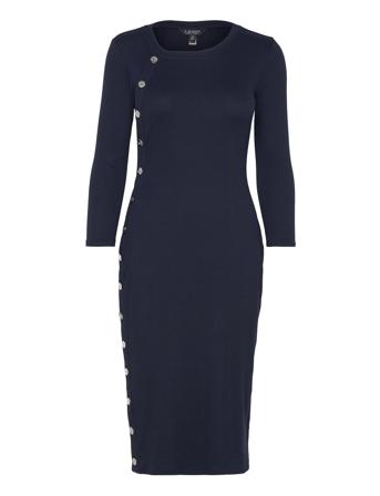 Button-Trim Rib-Knit Cotton-Blend Dress Knälång Klänning Navy Lauren Ralph Lauren
