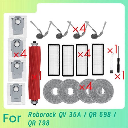 19 st för 35A / QR 798/ QR 598 Dammsugardelar Rulle Sidoborste HEPA-filter Moppdyna Dammpåse