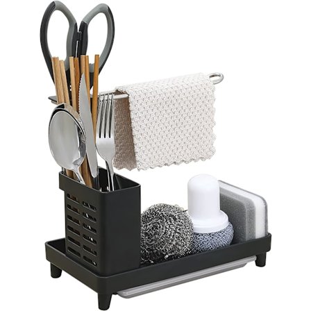 Køkkenvaskholder, køkkenvask med drypbakke, svampbørsteholder-arrangør, sort