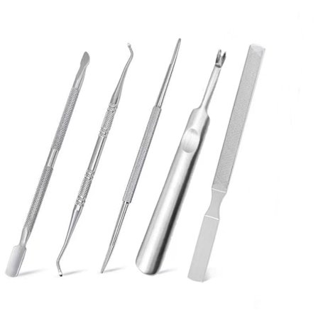 Jalkojenhoitosetti - 5-osainen pedikyyrisetti - Kulmatiedosto, 11,7 cm - Kaksipäinen kyretti, 11,7 cm - Kyretti, 11,7 cm - Kirurginen ruostumaton 