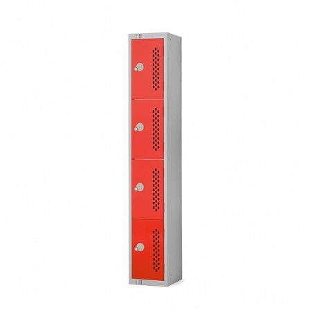 Perforated door locker, 4 door, 1800x300x300 mm, red