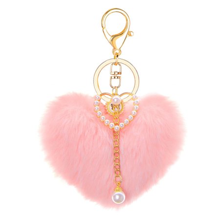 Pink Hjerte Plys Nøglering, Kunstig Pels Pom Pom Taskevedhæng, Sødt Tilbehør til Rygsæk Taske & Bilnøgler