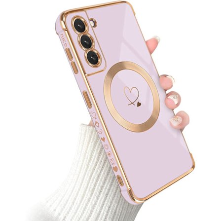 Lilla Etui til Samsung Galaxy S21 Etui til Kvinder Pige [MagSafe Kompatibel] Sødt Hjertemønster Magnetisk Etui med Forkromet Kant Silikone Stødsikkert