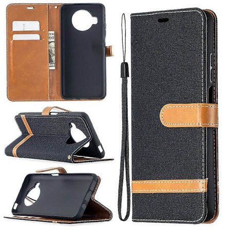 Kompatibel med Xiaomi Mi 10T Lite 5G Fargetilpasset denimteksturert skinnetui med holder, kortspor, lommebok og snor (svart)