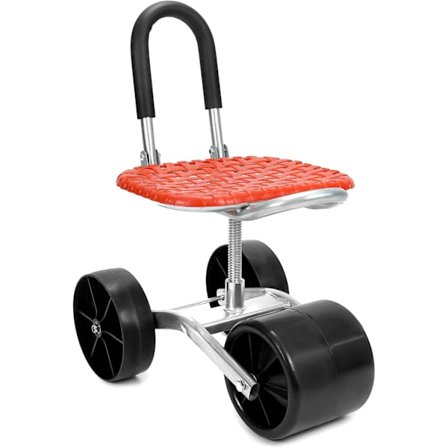 Haveskammel med hjul, rullende sæde til havearbejde, 360° roterende, rød, højdejusterbar, hjem og have