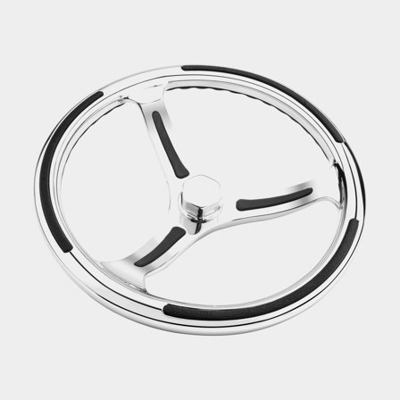 Volante para lancha Schmitt Primus SS, aço inoxidável, Ø343 mm, com cubo, compatível com eixo de direção 3/4" (19 mm), prata