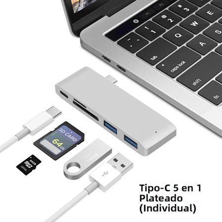 Sølv, 5-i-1 USB 3.1 Type-C til HDMI Hub Adapter, 4K Thunderbolt 3 USB-C Hub, 3.0 SD/TF Kortlæser, til MacBook Air 13, 15 Pro, 14 M4, M3, M2, M1