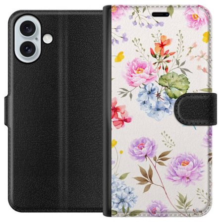 Yhteensopiva Lompakkokotelo Apple Apple iPhone 16 Plus Kukkakuviota käsinmaalatuilla kukilla, perhosilla ja hyönteisillä romanttiseen skandinaavise
