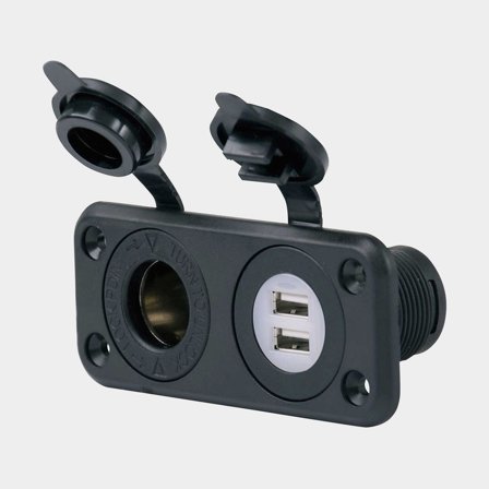 Gniazdo USB + gniazdo zapalniczki Marinco, wpuszczane, czarne, 12 V / 24 V, USB-A + USB-A, z pokrywą - Jachtowa