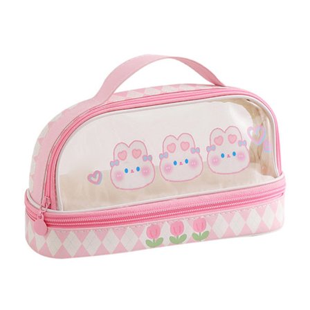 Vanntett Pennal Tegneserie Søt Gjennomsiktig Skrivesaker Veske med Glidelås for Skoleelever Sminke Reise Rosa Kanin