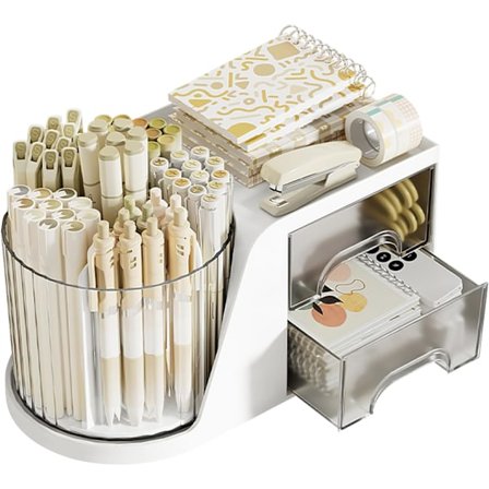 Skrivebordsarrangør med roterende pennholder, 360° roterende pennarrangør med stor kapasitet og 2 skuffer for kontor, skole og skrivebord