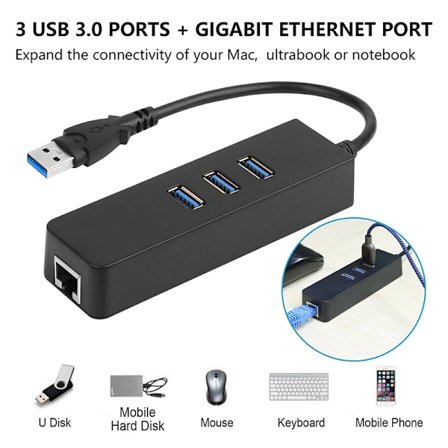 3 porttia USB 3.0 Gigabit Ethernet Lan RJ45 verkkosovitin Hub T