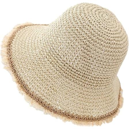 Naisten kesäinen rantaolkihattu, hengittävä, taitettava, aurinkosuojallinen, loma-, ulkoilu- ja matkakäyttöön sopiva virkattu kalastajanhattu