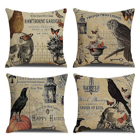 4-pakkia Vintage Halloween -tyynynpäällisiä - Pöllö/korppi/kurpitsa/kallo -tyynynpäällisiä Halloween -tyynynpäällisiä 18 x 18 tuumaa