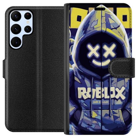 Kompatibelt Lommeboketui til Samsung Samsung Galaxy S24 Ultra Blågul Roblox hettegenserfigur med minimalistisk neonstil og masket ansikt, moderne spi