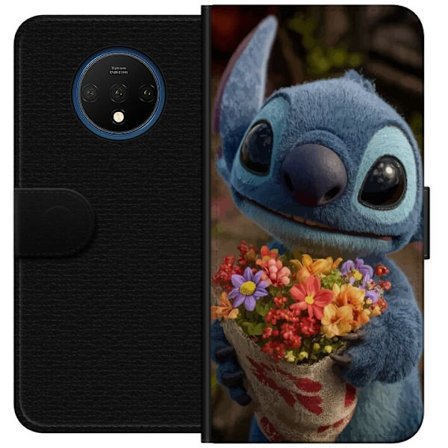 Kompatibel Tegnebogsetui til OnePlus OnePlus 7T Sød blå figur med store øjne, der holder en farverig buket i en varm og kær stil