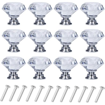 12-pack diamantformade kristallglaslådknoppar 40 mm skåpknoppar draghandtag 40 mm, 12-pack, silver